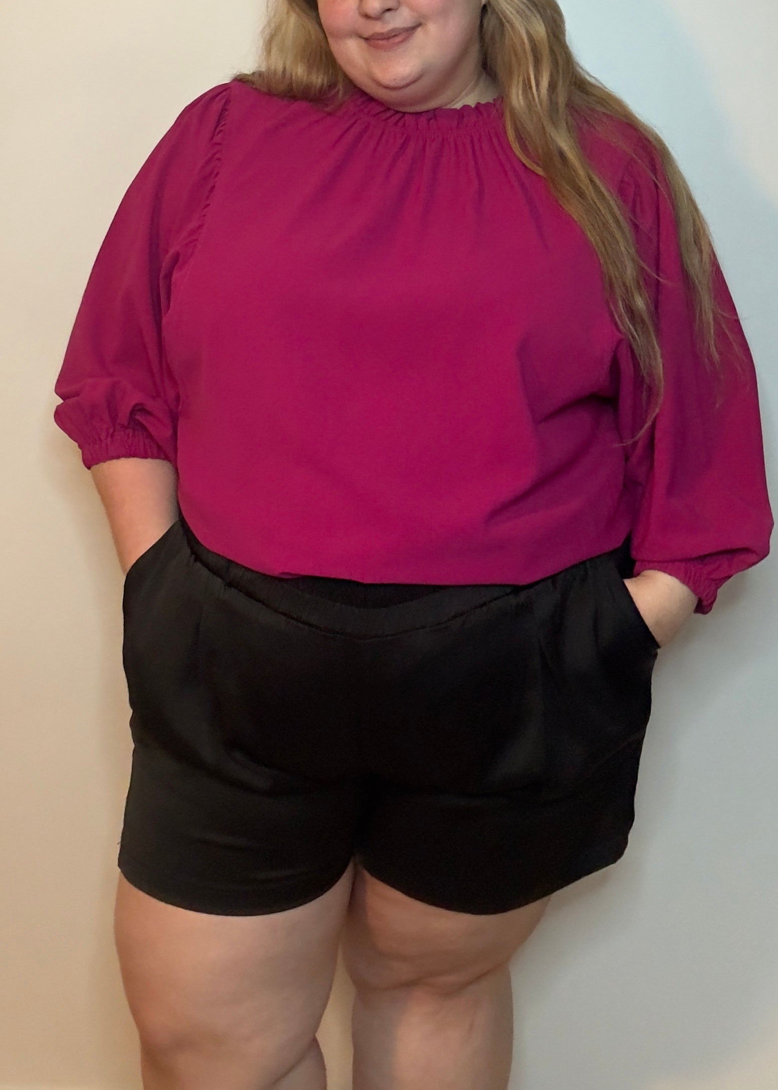 Satin Red Ruffled Blouse | Magenta Ruffled Neck Blouse | FIA Boutique