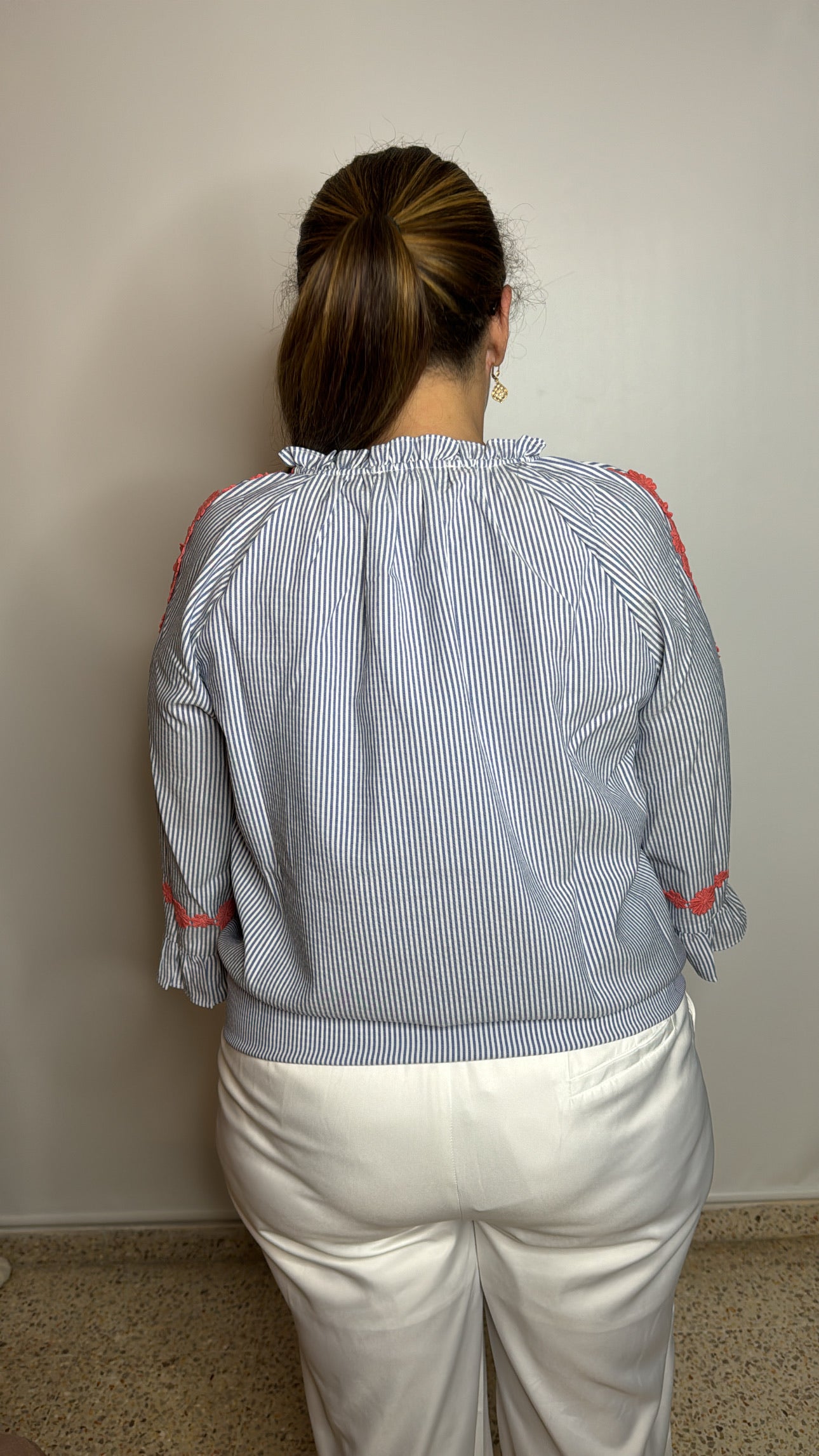 Ruffle Pin Stripe Blouse | Ruffle Stripe Blouse | FIA Boutique