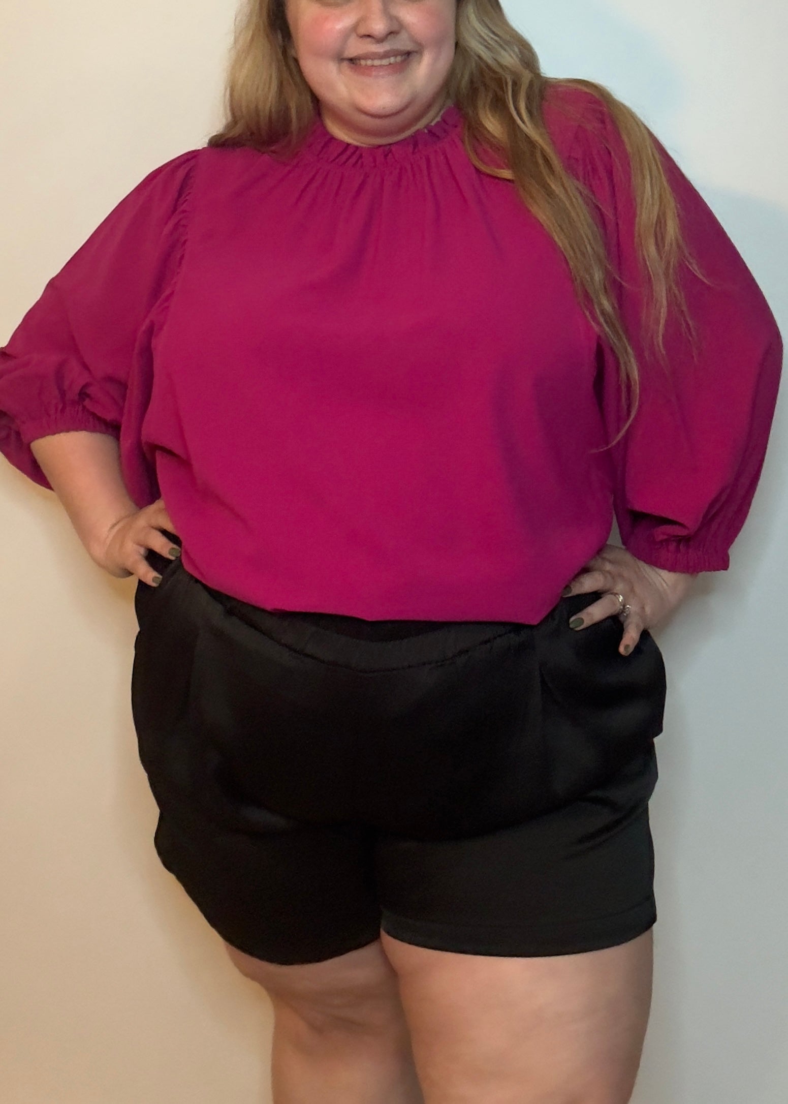 Satin Red Ruffled Blouse | Magenta Ruffled Neck Blouse | FIA Boutique3