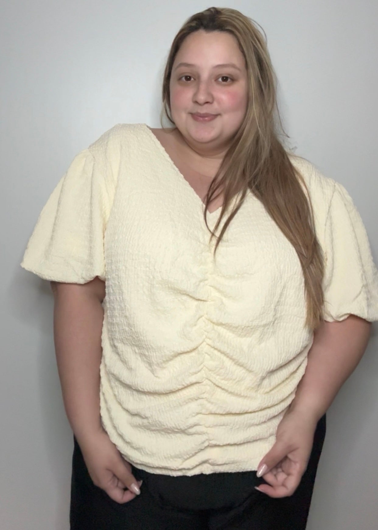 Puff Sleeve V Neck Top | Gathered Front Top | FIA Boutique